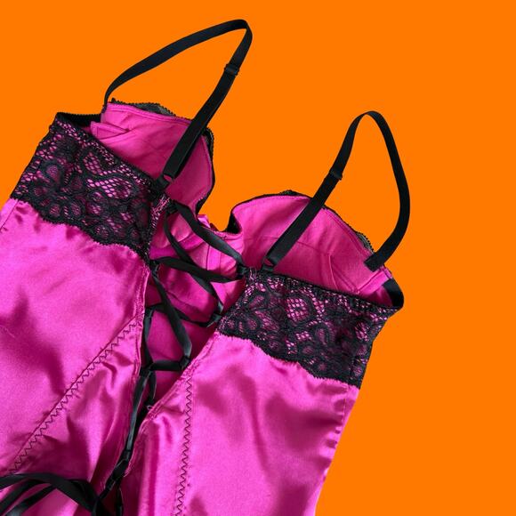 00's vintage hot pink satin y2k bustier corset babydoll SMALL Frederick's - Picture 7 of 8